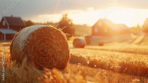 Closeup view of dry crop hay bale in farm land field