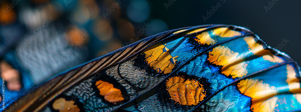 A close-up photo reveals the butterfly wing's intricate patterns and vivid colors, highlighting the delicate scales and fine textures with high clarity. A close-up photo reveals the butterfly wing's intricate patterns and vivid colors, highlighting the delicate scales and fine textures with high clarity.