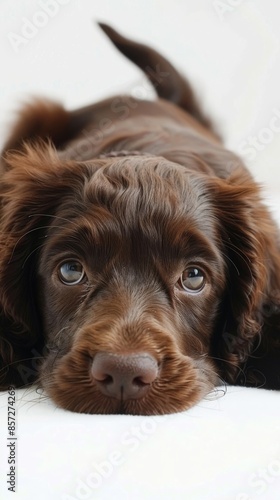 Brown puppy lying on white background, close-up shot. Cute and adorable pet concept