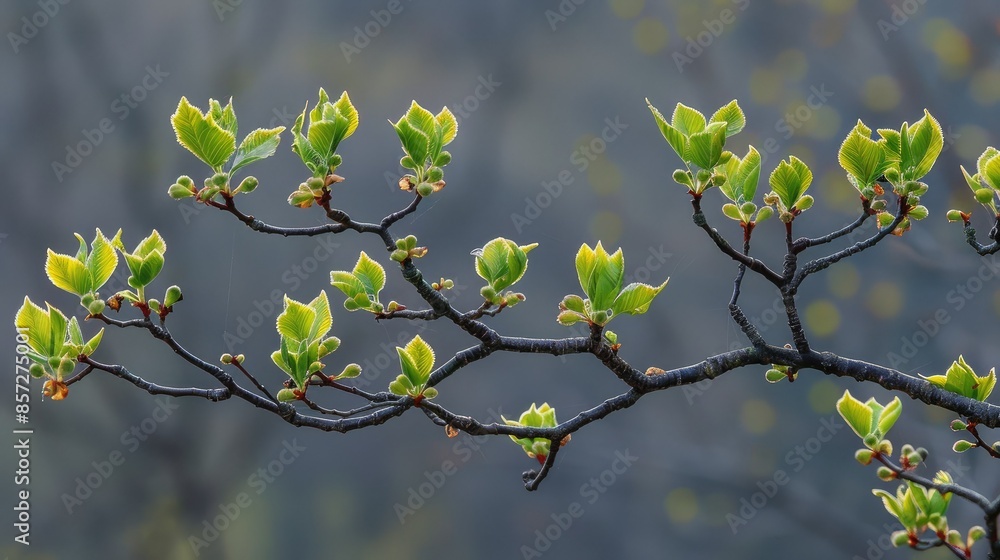 Fresh green leaves budding on tree branches Fresh green leaves budding on tree branches