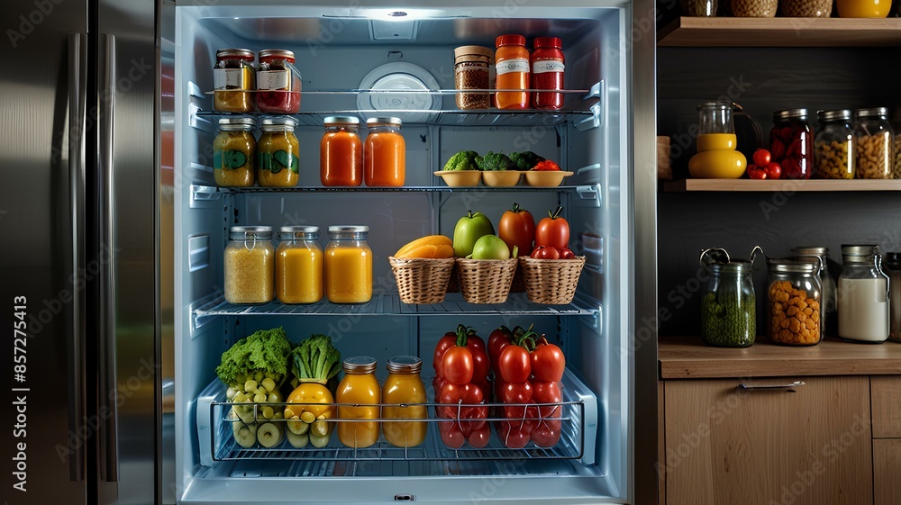 Open refrigerator stocked with various products in a kitchen interior. Open refrigerator stocked with various products in a kitchen interior.