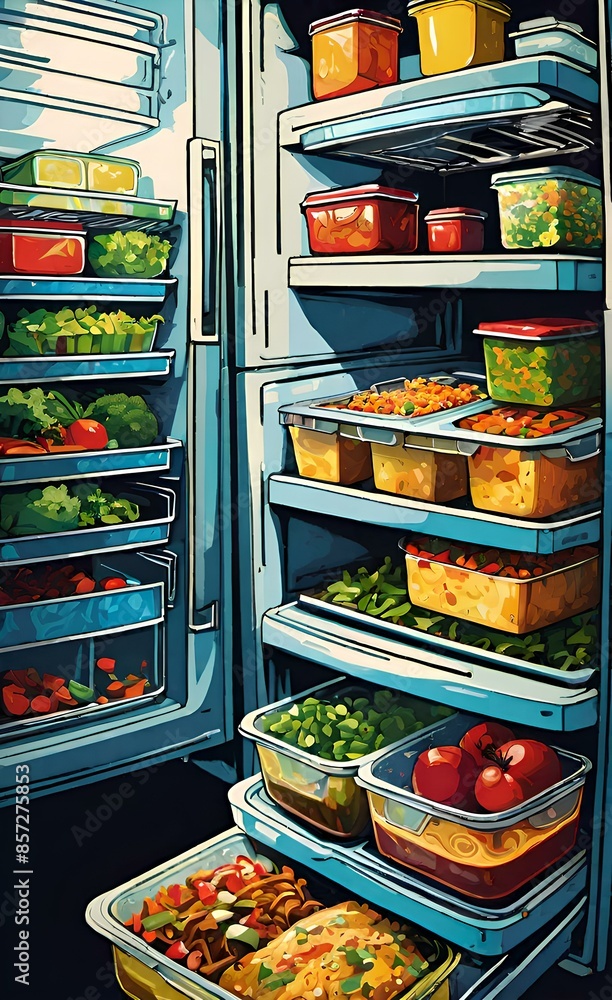 Refrigerator filled with lunch boxes prepared for healthy meals. Refrigerator filled with lunch boxes prepared for healthy meals.