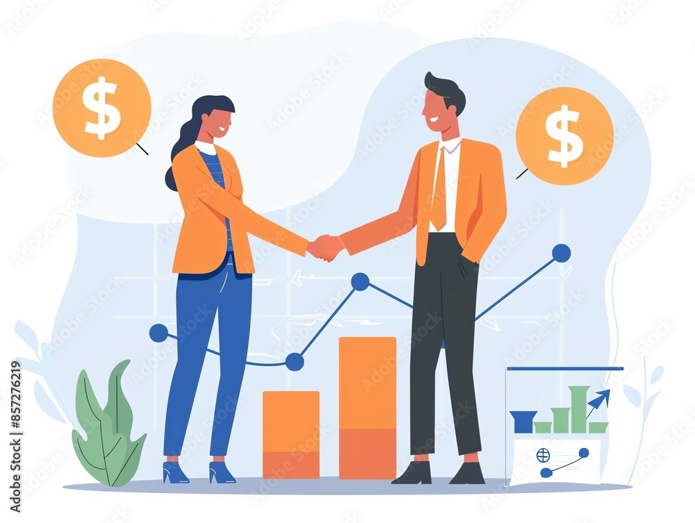 Side view flat design of a financial advisor consoling a worried client, surrounded by declining investment graphs and falling dollar signs, representing the impact of an investment crisis Side view flat design of a financial advisor consoling a worried client, surrounded by declining investment graphs and falling dollar signs, representing the impact of an investment crisis