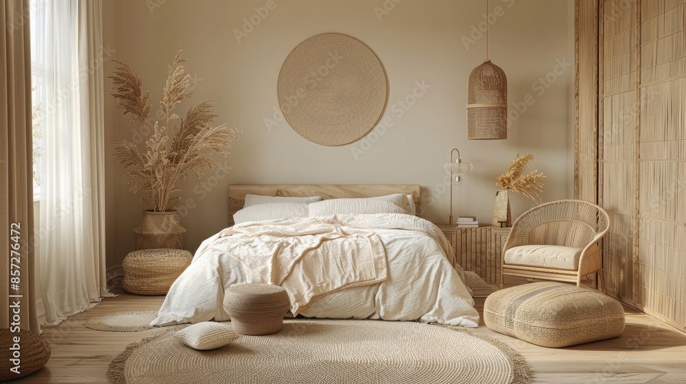 A cozy bedroom decorated in warm almond hues, with minimalist furniture and decor creating a comfortable and inviting space. The image provides ample copy space for adding text or graphics. A cozy bedroom decorated in warm almond hues, with minimalist furniture and decor creating a comfortable and inviting space. The image provides ample copy space for adding text or graphics.