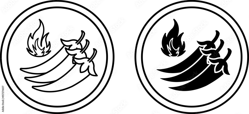 Icons Extra Spicy. Black and White Vector Icons of Chili Peppers. Label for Very Spicy Foods and Sauce Icons Extra Spicy. Black and White Vector Icons of Chili Peppers. Label for Very Spicy Foods and Sauce