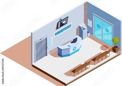 isometric hospital reception with furniture and elevator, vector illustration