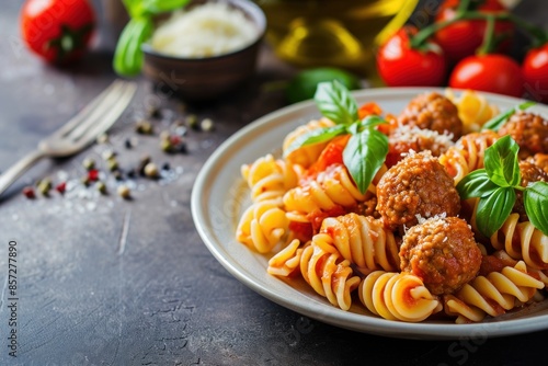 Pasta. Meatballs pasta in tomato sauce. Pasta. Pasta with tomato sauce. Italian Food Concept with Copy Space.