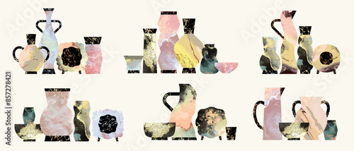 Hand drawn greek ceramic vases icon set isolated on white background. Abstract geometric ancient pottery with marble pattern collection. Vector illustration