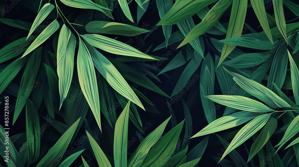 Lush green bamboo leaves with a dark background, creating a vibrant and natural texture for backgrounds or prints. Lush green bamboo leaves with a dark background, creating a vibrant and natural texture for backgrounds or prints.