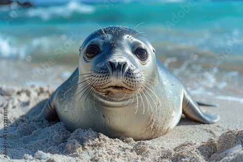 A Hawaiian monk seal basking on a sandy beach, its sleek body glistening in the sun and the turquoise ocean waves crashing behind it.  photo