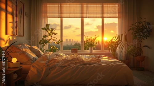 A peaceful bedroom at dusk, with soft, golden light filtering through the window, creating a serene and inviting atmosphere. The image offers plenty of copy space for adding text or graphics.