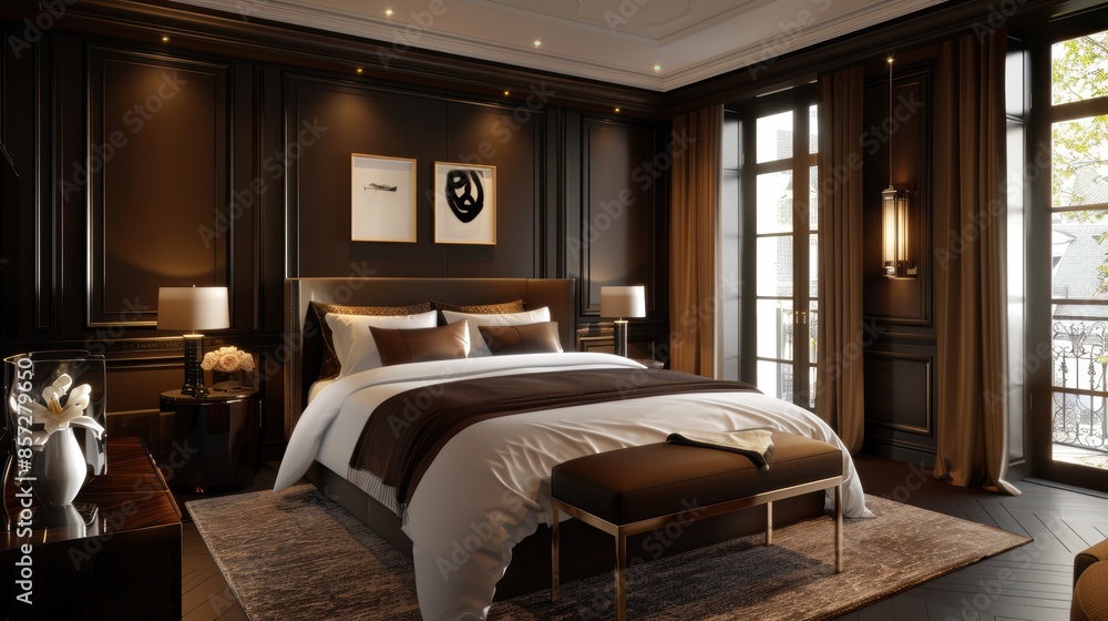 A sophisticated bedroom featuring a rich brown palette, minimalist design elements, and generous copy space for customization. A sophisticated bedroom featuring a rich brown palette, minimalist design elements, and generous copy space for customization.