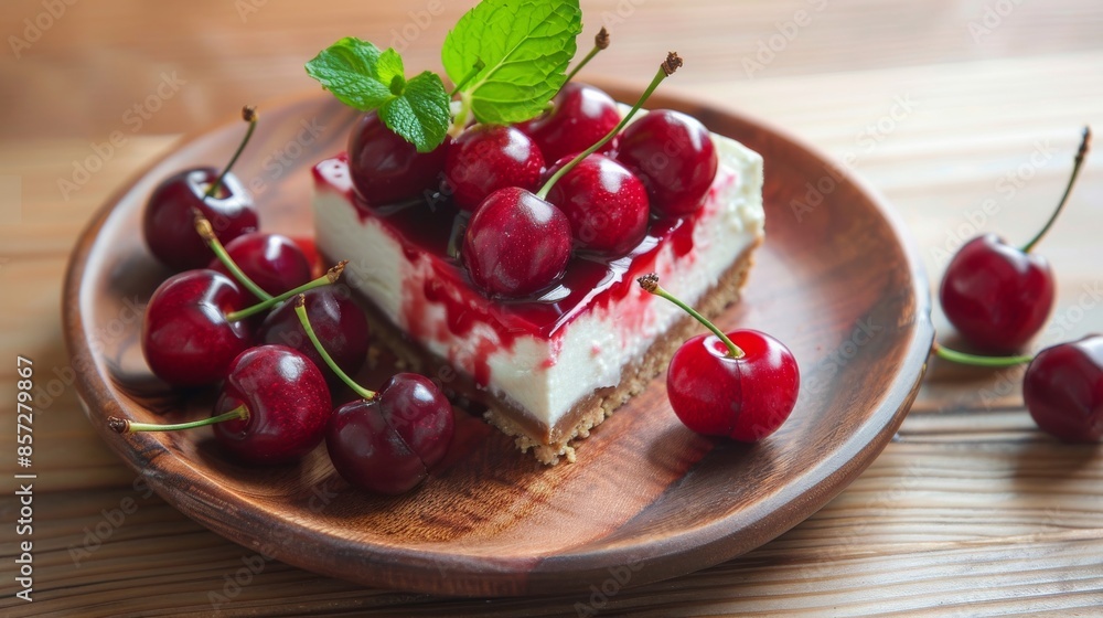 Cheesecake with fresh cherries and mint leaves on wooden plate, dessert concept Cheesecake with fresh cherries and mint leaves on wooden plate, dessert concept