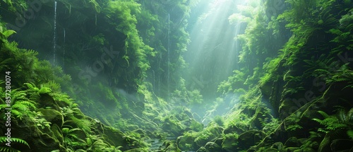 Digital green canyon with lush vegetation photo