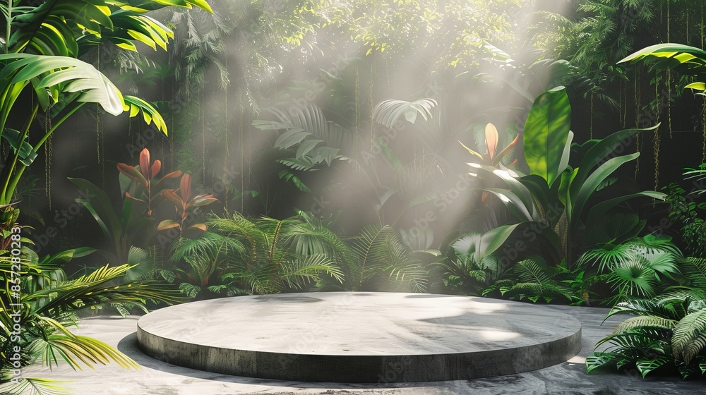 concrete product stand in tropical forest , unique product display in rainforest setting concrete product stand in tropical forest , unique product display in rainforest setting