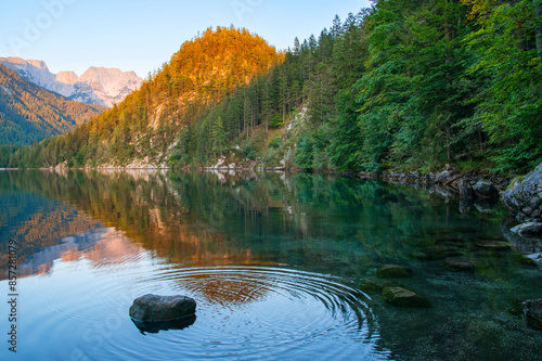 Kaisergebirge Mountains at the Austrian Alps with view to the mountain lake Hintersteiner See. Wilder Kaiser Austrian national park,  Scheffau, Tirol, Austria. Nature landscape photo