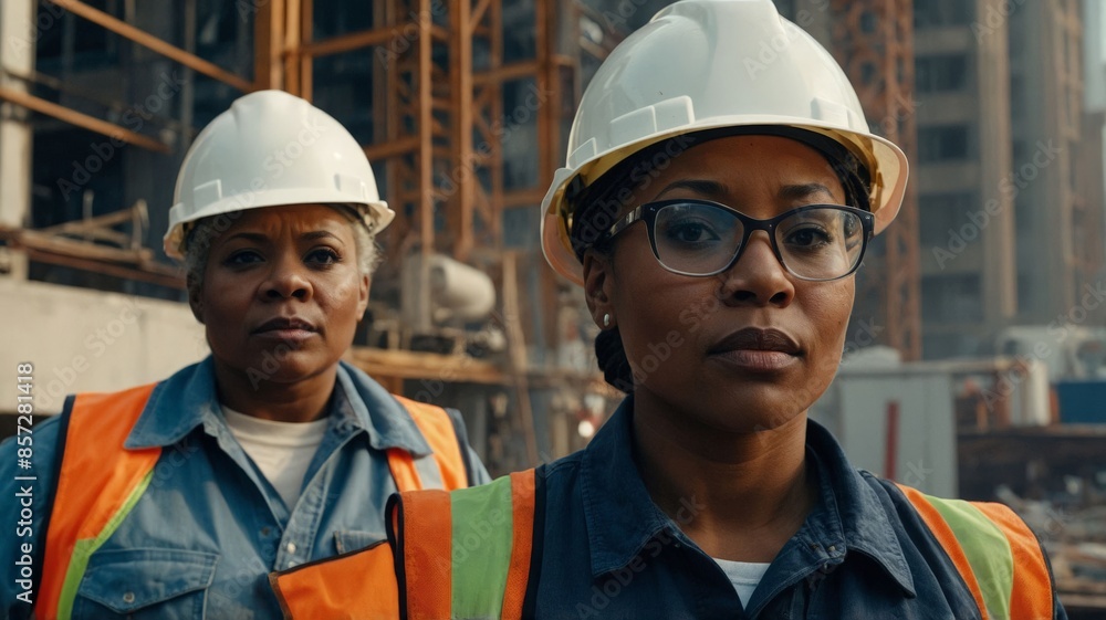 Two female engineers working on a construction site, labor day concept Two female engineers working on a construction site, labor day concept
