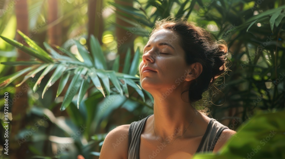 Woman enjoying nature and sunlight in a lush, green forest. Relaxation, mindfulness, and connection with nature in a peaceful environment. Woman enjoying nature and sunlight in a lush, green forest. Relaxation, mindfulness, and connection with nature in a peaceful environment.