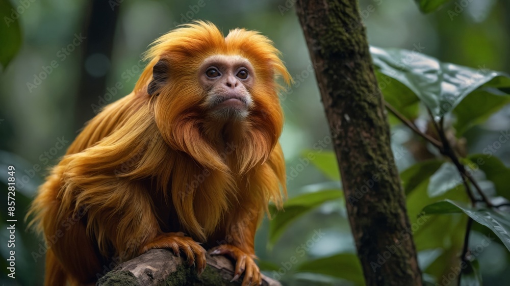 Golden lion tamarin on a branch in the forest, wildlife. Golden lion tamarin on a branch in the forest, wildlife.