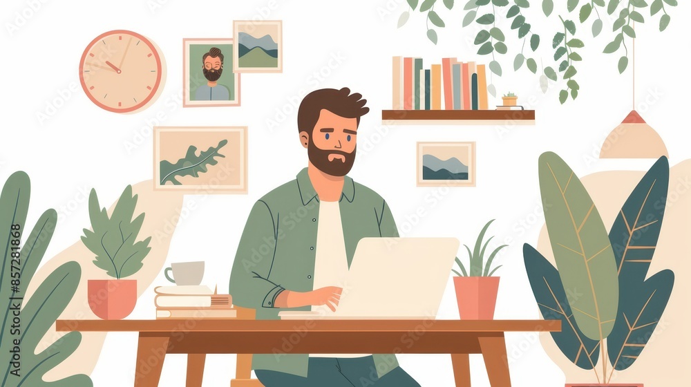 Illustration of a man working on a laptop at a cozy home office surrounded by plants, books, and personal photos. Illustration of a man working on a laptop at a cozy home office surrounded by plants, books, and personal photos.