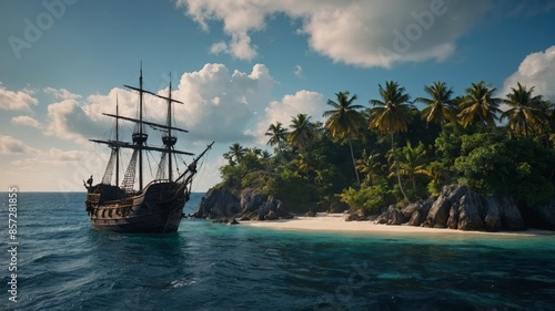 Dark and scary paradise tropical island, pirate ship in the sea, fantasy concept.