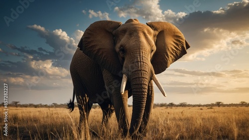 Majestic and beautiful elephant in the African savannah, sunset in the background, wildlife, wild animal