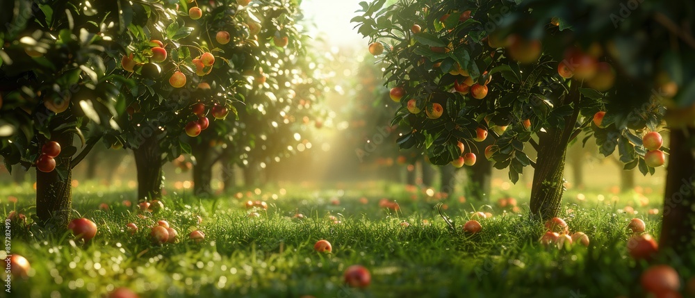 Digital green orchard with ripe fruits Digital green orchard with ripe fruits