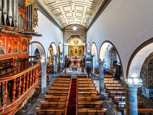 Interior of Faro Cathedral, Se Catedral in Faro, Algarve, Portugal. With walls finely decorated by azulejos tiles.