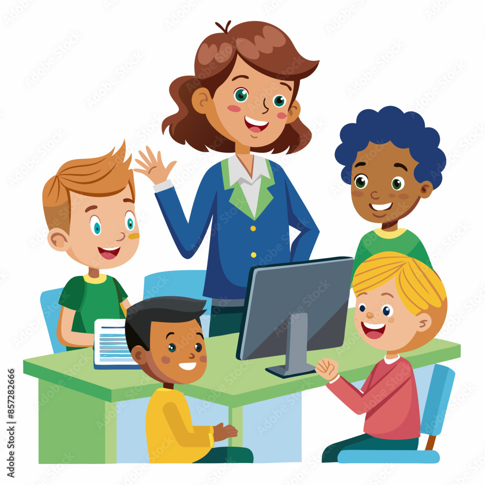 children in classroom doing computer class logo icon vector illustration. children in classroom doing computer class logo icon vector illustration.
