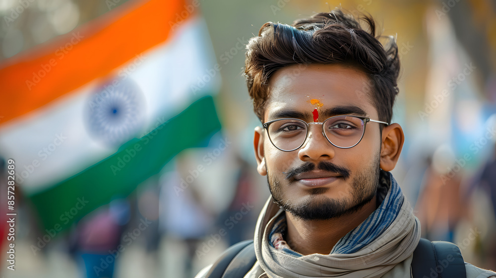 A close-up portrait of a young Indian man wearing glasses and ...