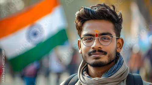 A close-up portrait of a young Indian man wearing glasses and traditional tilak, with the Indian national flag in the background, symbolizing patriotism and cultural pride photo