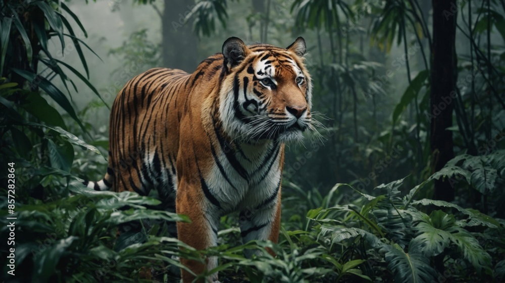 Majestic tiger in dense tropical forest with fog, wildlife, wild animal. Majestic tiger in dense tropical forest with fog, wildlife, wild animal.
