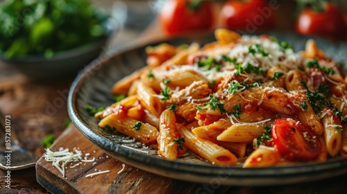 Penne alla Vodka is a classic Italian pasta dish made with penne in a creamy tomato and vodka sauce close-up in a plate. Penne pasta. Italian Food Concept with Copy Space.