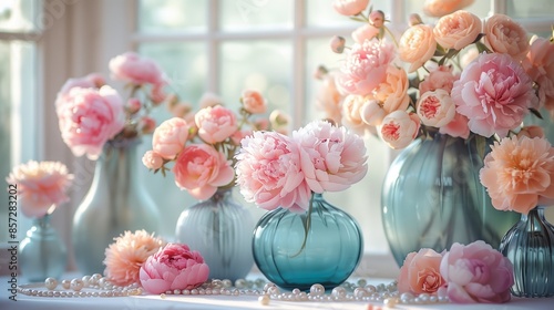 Pink Peonies and Roses in Vases Near Window