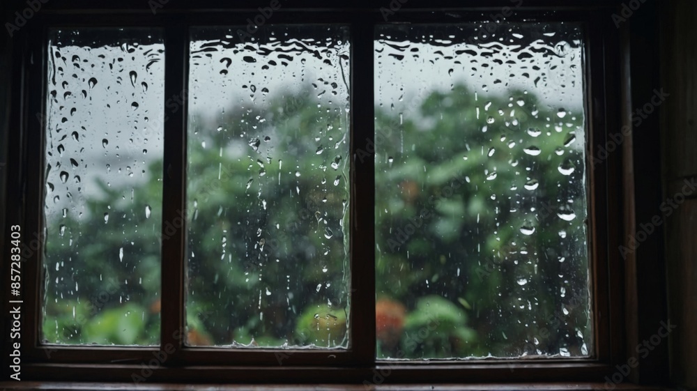 Old wooden window with glass with raindrops running down, rain falling outside. Old wooden window with glass with raindrops running down, rain falling outside.