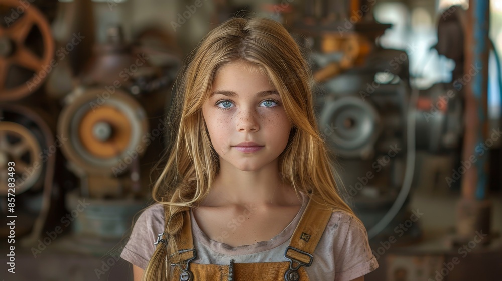 A young girl with long blond hair and freckles looks directly at the camera, standing in a workshop with soft focus machinery and tools in the background, exuding determination. A young girl with long blond hair and freckles looks directly at the camera, standing in a workshop with soft focus machinery and tools in the background, exuding determination.