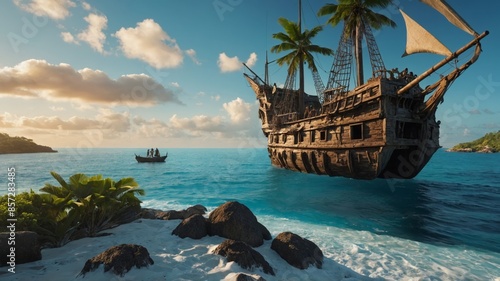 Pirate ship anchored on a paradise island, fantasy concept.