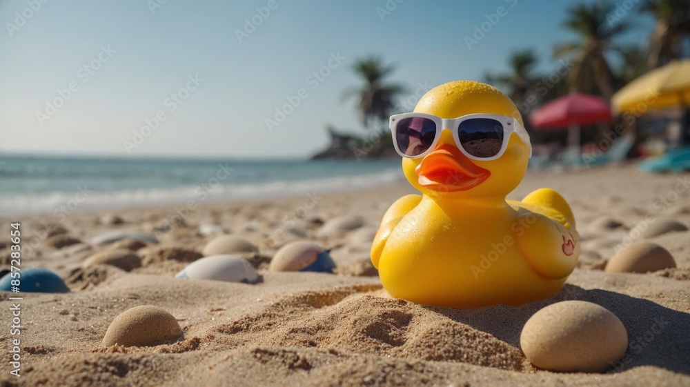 Naklejka premium Rubber ducky with sunglasses on the beach sand, paradisiacal beach in the background.