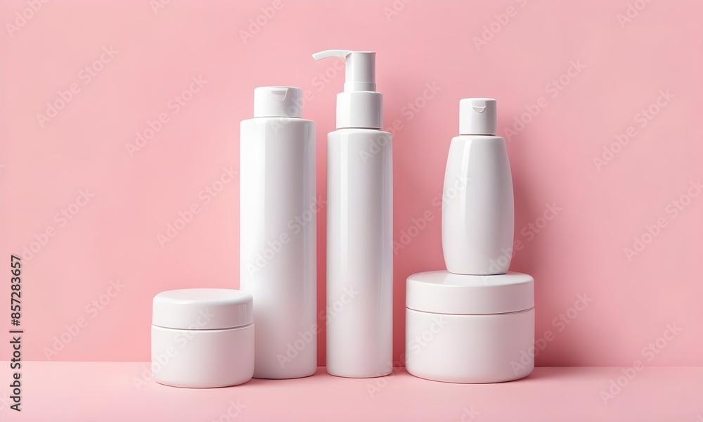 Set of organic skincare makeup containers without labels in the pink background AI Generated Set of organic skincare makeup containers without labels in the pink background AI Generated