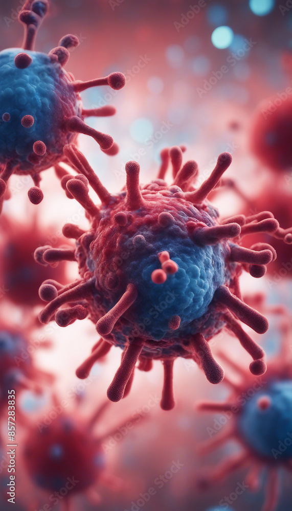 Close up macro details of red blue microbes molecules virus bacteria Coronavirus outbreak COVID-19 M Close up macro details of red blue microbes molecules virus bacteria Coronavirus outbreak COVID-19 M