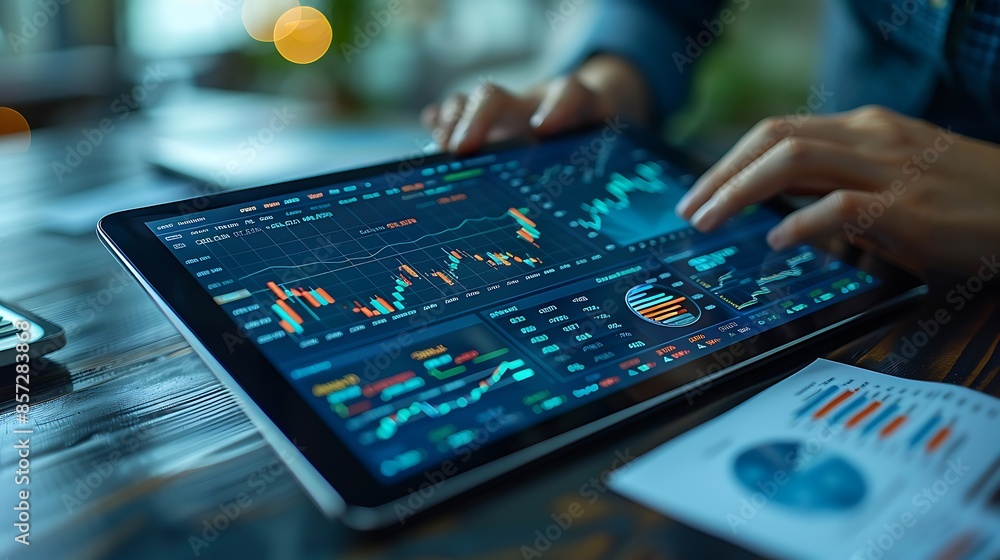 Close-up of hands working on a tablet displaying market trends and graphs, surrounded by scattered financial reports and papers. Close-up of hands working on a tablet displaying market trends and graphs, surrounded by scattered financial reports and papers.