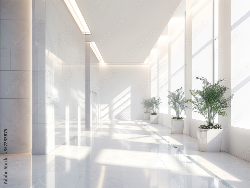 Fototapeta premium A minimalist, modern hallway with large windows that allow natural light to illuminate the space. Three palm trees in white pots add a touch of nature to the sleek, white interior