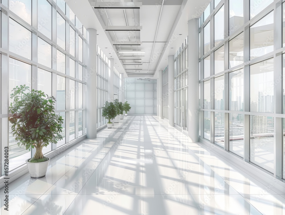 A modern office hallway with large windows and sunlight streaming through. The hallway is clean and bright, with white walls and a white tiled floor A modern office hallway with large windows and sunlight streaming through. The hallway is clean and bright, with white walls and a white tiled floor