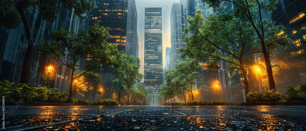 Digital green urban park at dawn Digital green urban park at dawn