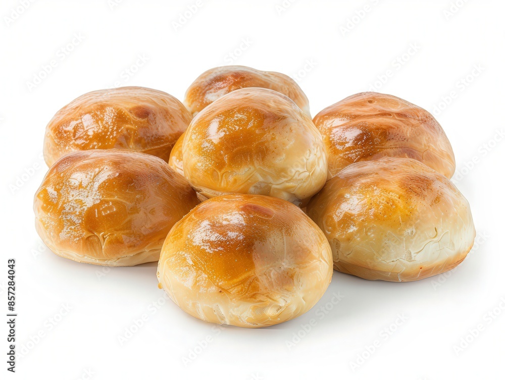 A close-up of freshly baked golden brown bread rolls arranged in a group, isolated on a white background. A close-up of freshly baked golden brown bread rolls arranged in a group, isolated on a white background.