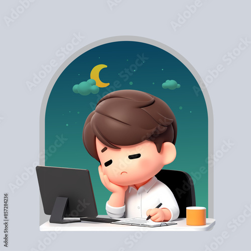 cute 3D illustration of  tired workers or office employees working overtime at night and sleepily falling asleep