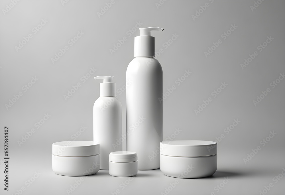 Blank cosmetic packaging mockup with small and tall bottles in the gray background AI Generated Blank cosmetic packaging mockup with small and tall bottles in the gray background AI Generated