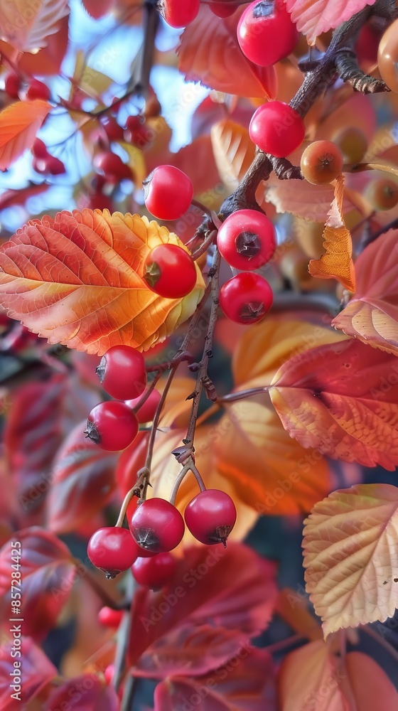 Naklejka premium Autumn red berries and colorful leaves on a branch