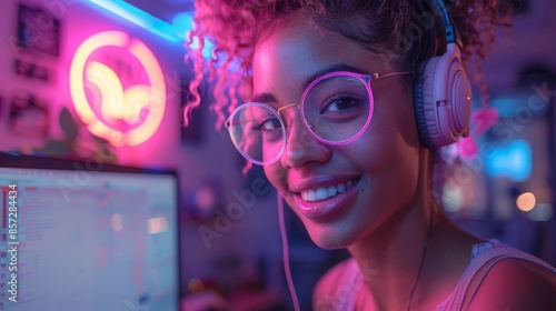 A woman with curly hair wearing glasses and headphones poses with a smile in front of a neon-lit computer screen, creating an electrifying gaming atmosphere.