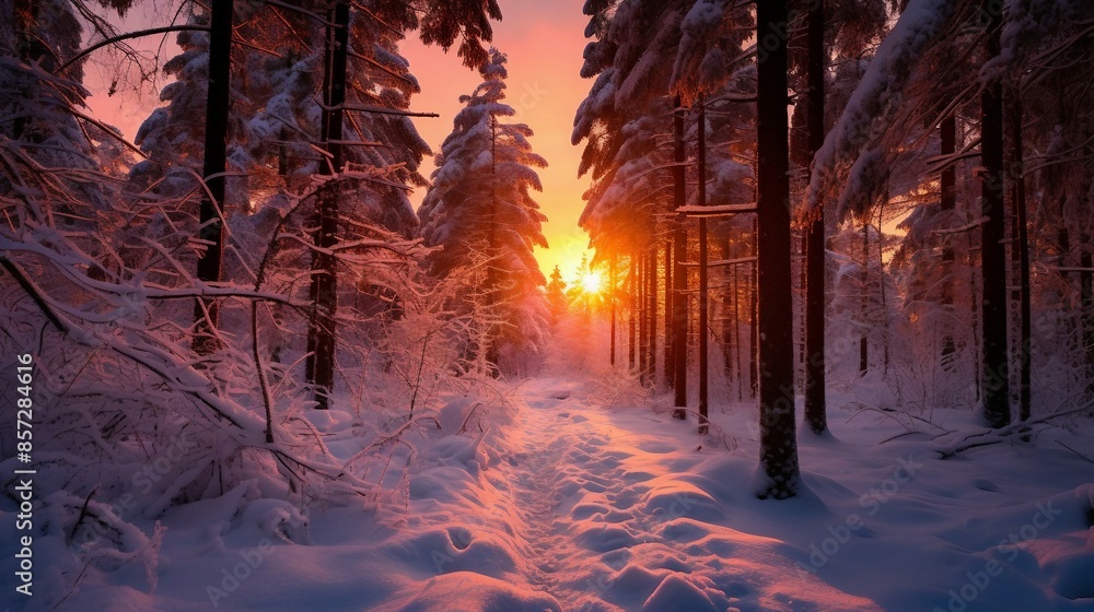 Winter Wonderland Forest with Snow-Covered Trees and Glowing Sunset, Capturing the Serenity and Beauty of Nature. Generative AI Winter Wonderland Forest with Snow-Covered Trees and Glowing Sunset, Capturing the Serenity and Beauty of Nature. Generative AI